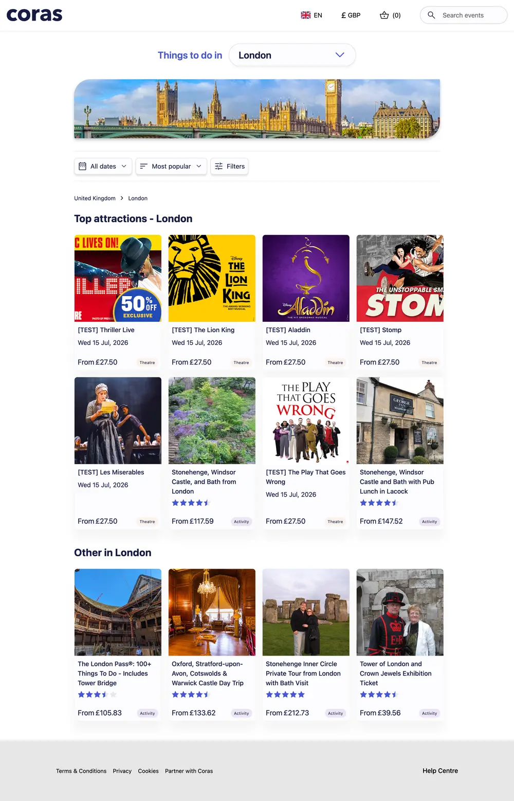 The Coras storefront browsing things to do, rendered by the Embed SDK