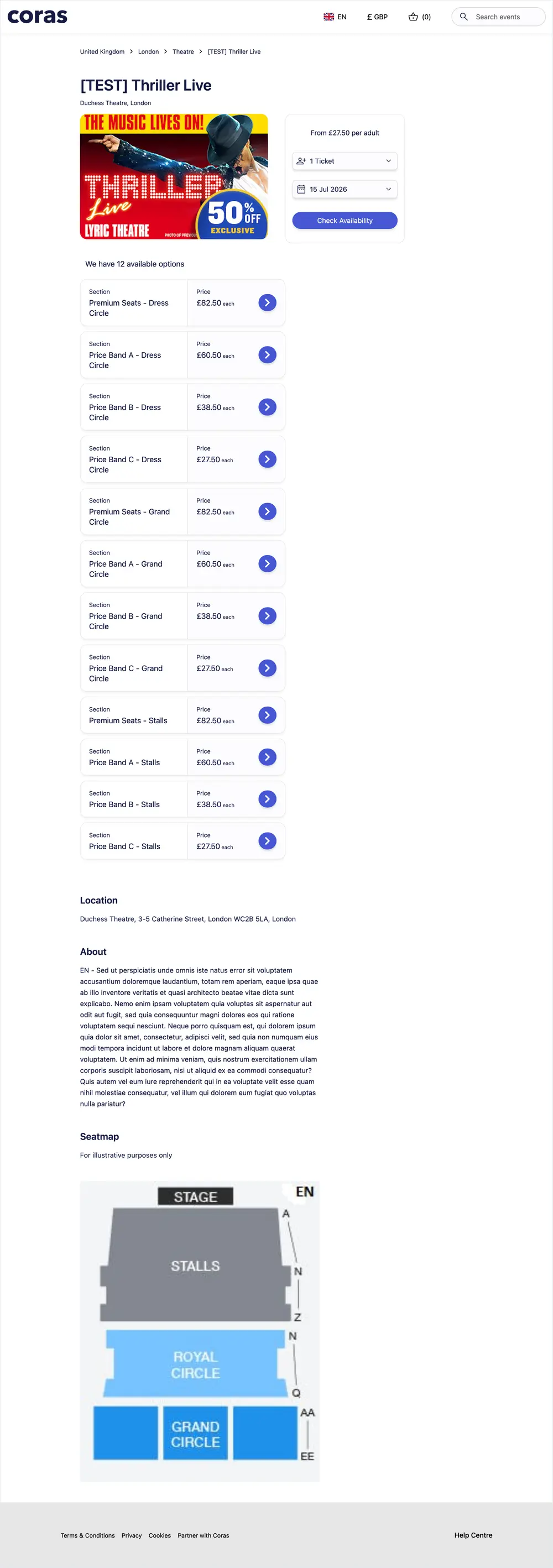 An event detail and ticket-selection page in the Coras Embed SDK