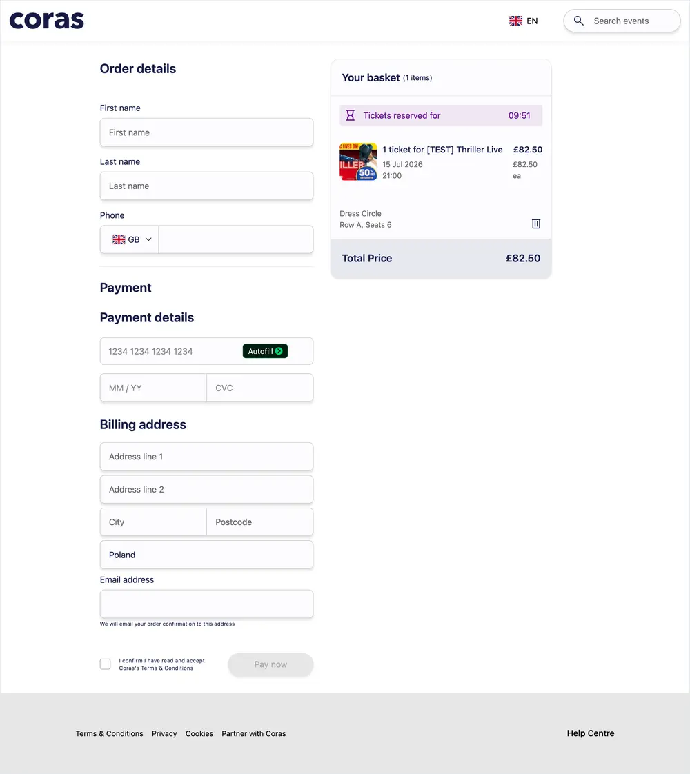 The checkout and payment page rendered by the Coras Embed SDK