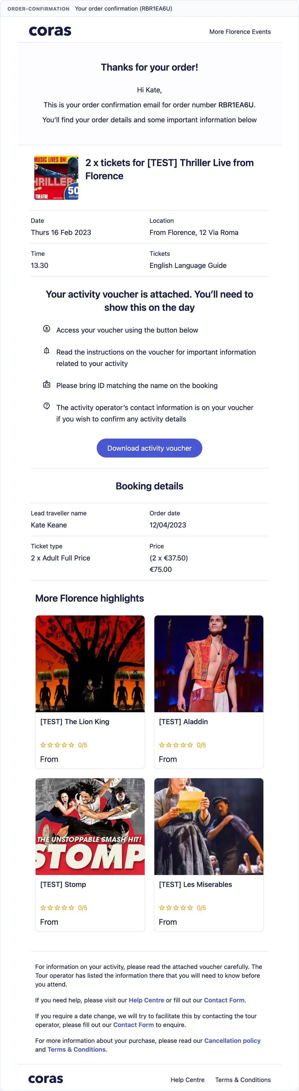 An order confirmation page rendered by the Coras Embed SDK